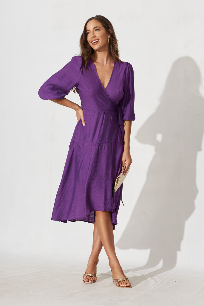 Acacia Wrap Midi Dress In Royal Purple - full length