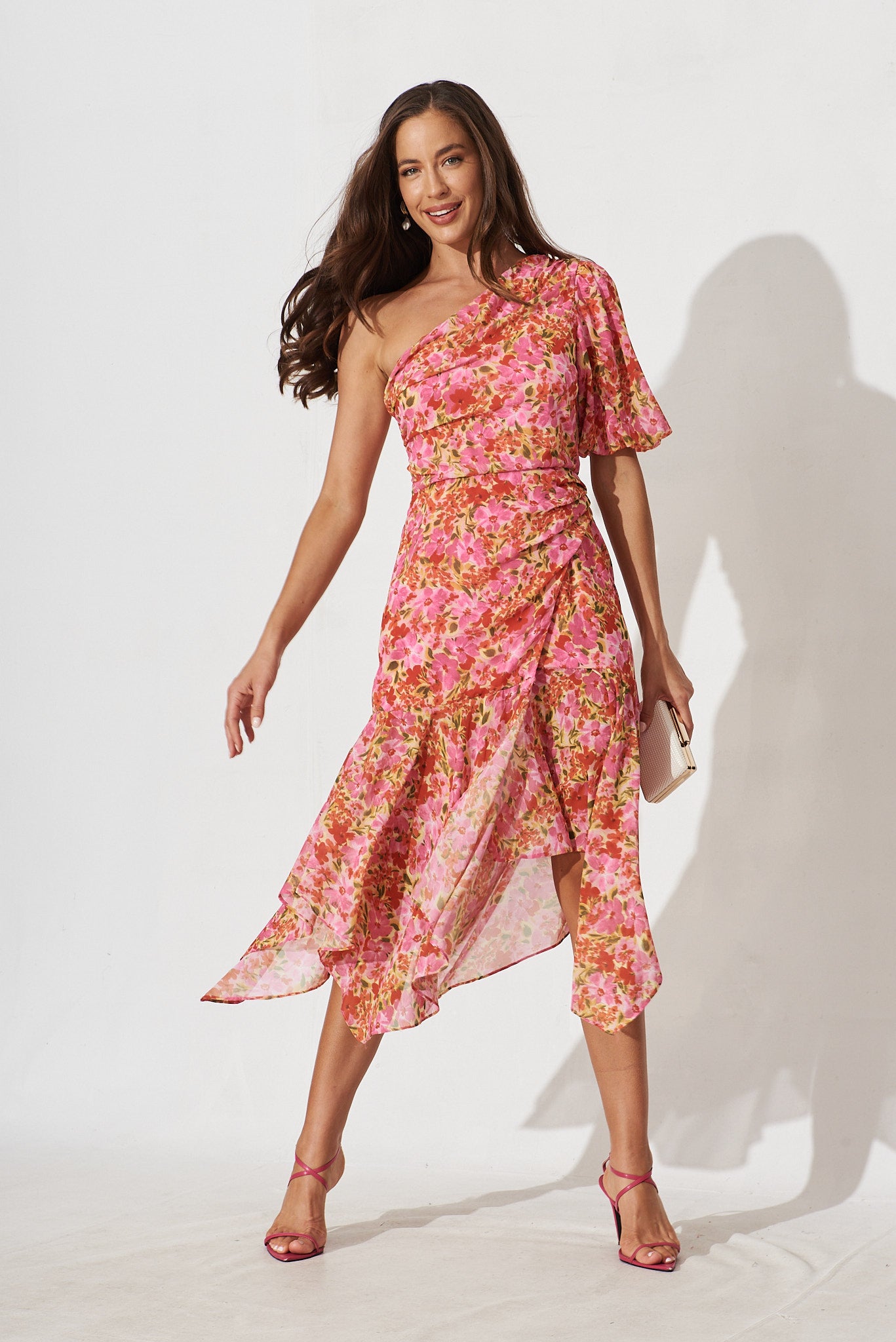 Milan Midi Dress In Pink With Red Floral - full length