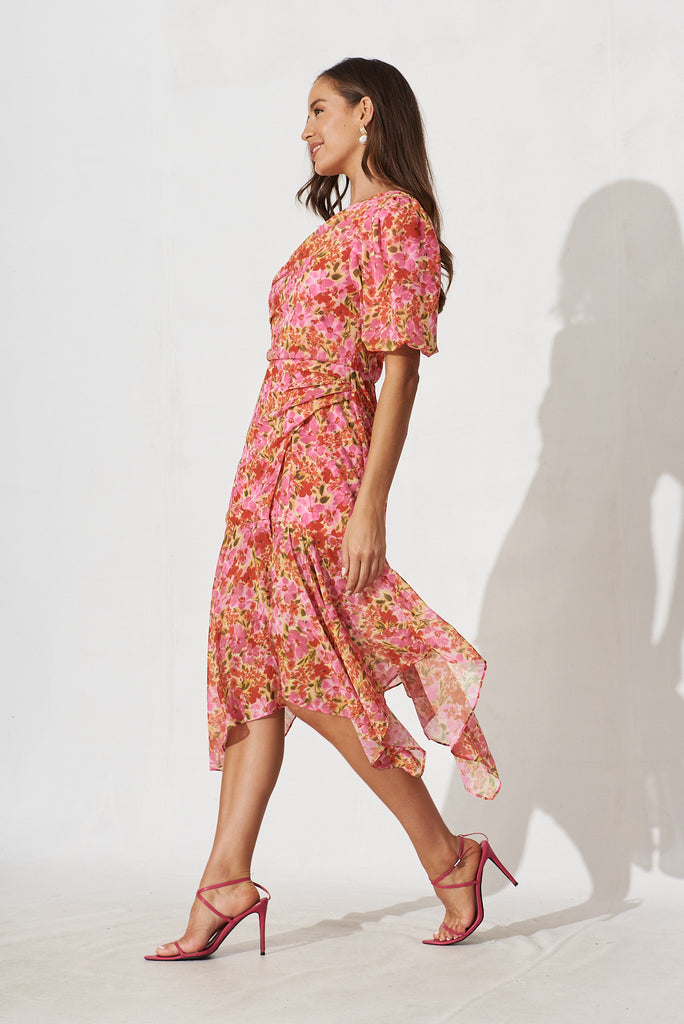 Milan Midi Dress In Pink With Red Floral - left side