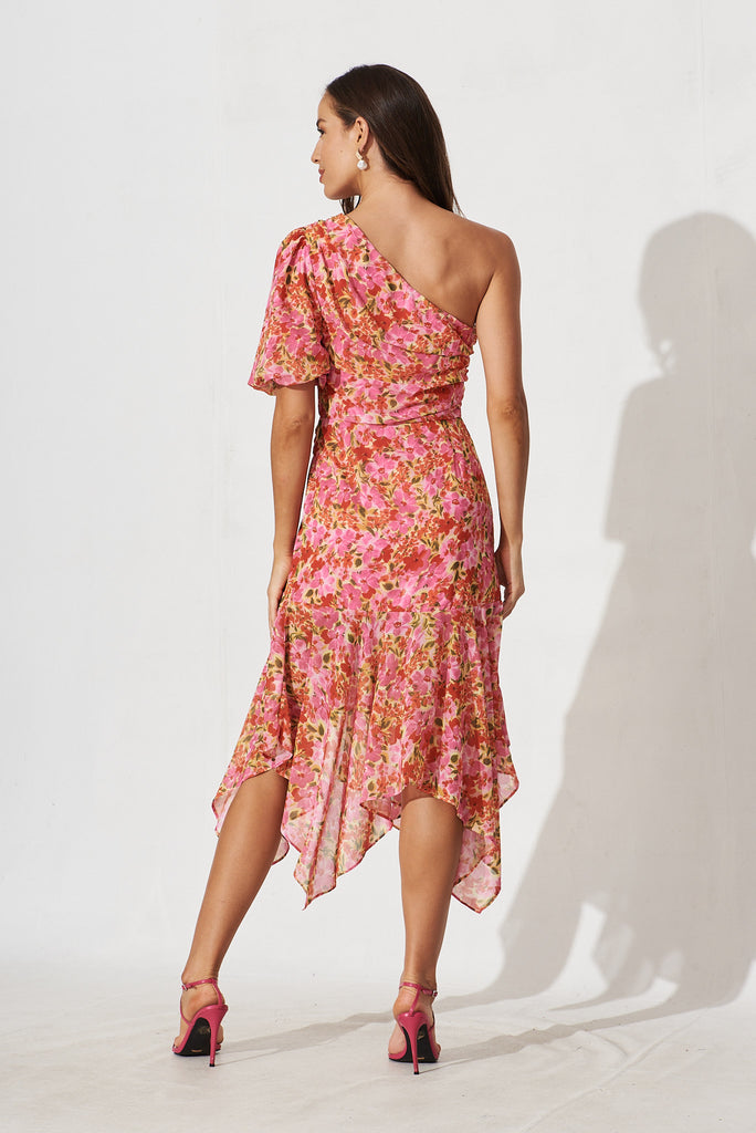 Milan Midi Dress In Pink With Red Floral - back