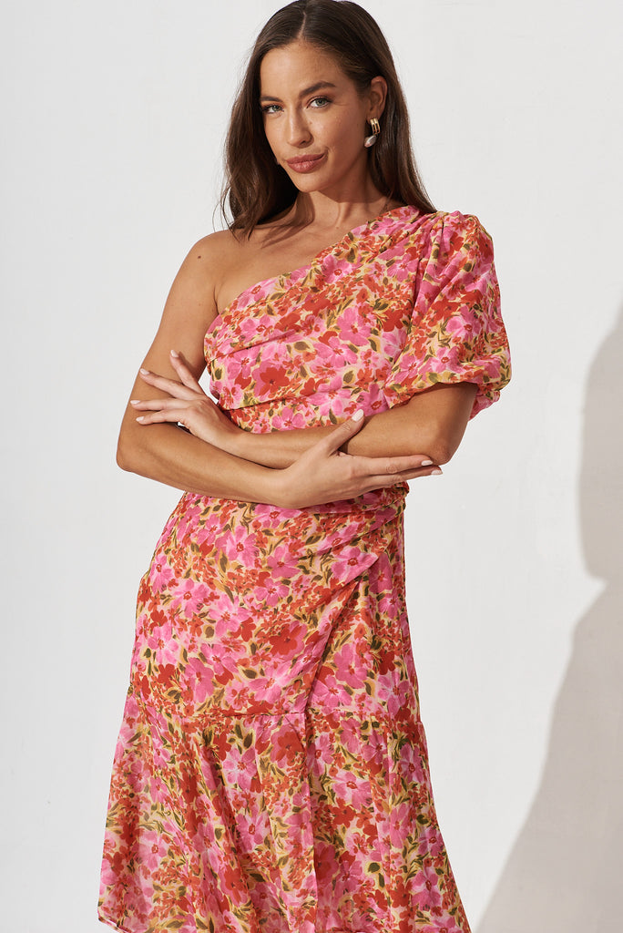 Milan Midi Dress In Pink With Red Floral - front