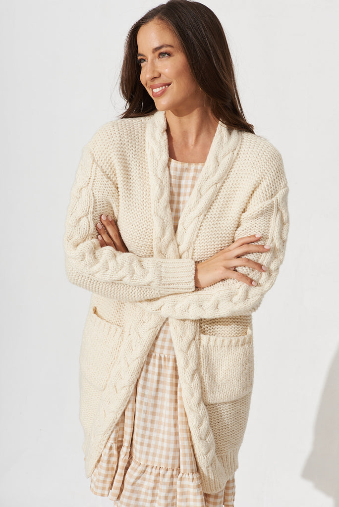 Durham Cable Knit Cardigan In Cream Wool Blend - front