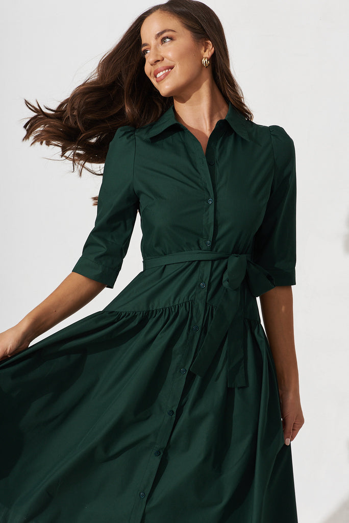 Marie Midi Shirt Dress In Emerald Cotton - front