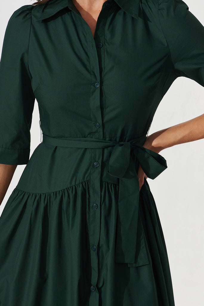 Marie Midi Shirt Dress In Emerald Cotton - detail
