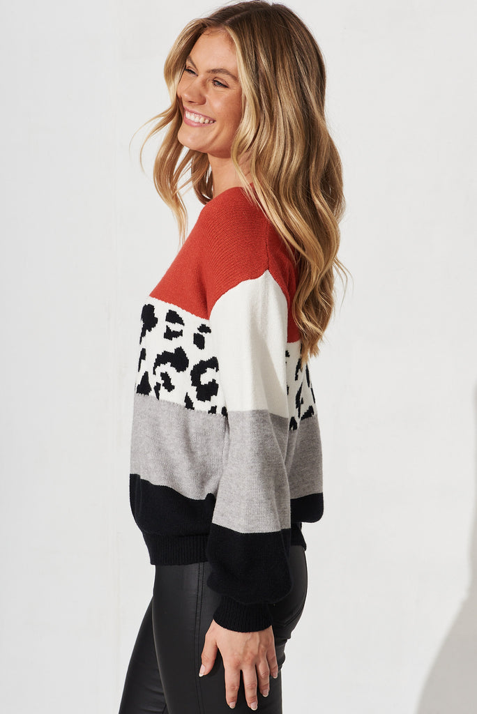Lotte Colourblock Knit In Red And Grey With Leopard Print Wool Blend - side