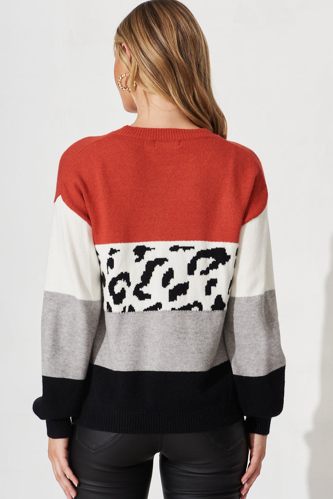 Lotte Colourblock Knit In Red And Grey With Leopard Print Wool Blend - back