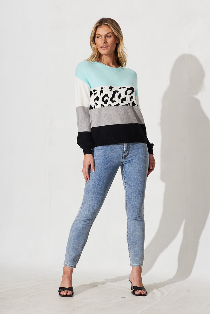 Lotte Colourblock Knit In Light Blue And Grey With Leopard Print Wool Blend - full length