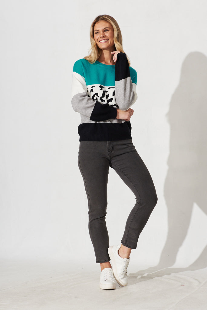 Lotte Colourblock Knit In Blue Grey With Leopard Print Wool Blend - full length