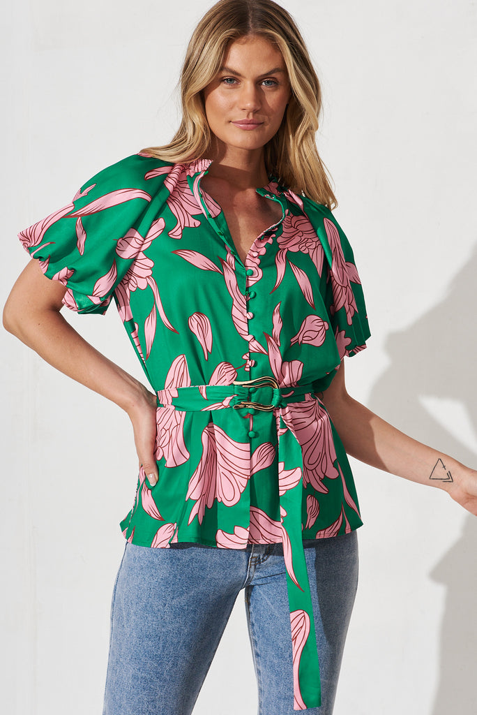 Belgrade Shirt In Green With Pink Floral - front