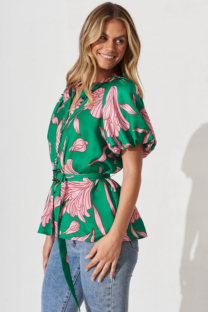 Belgrade Shirt In Green With Pink Floral - side