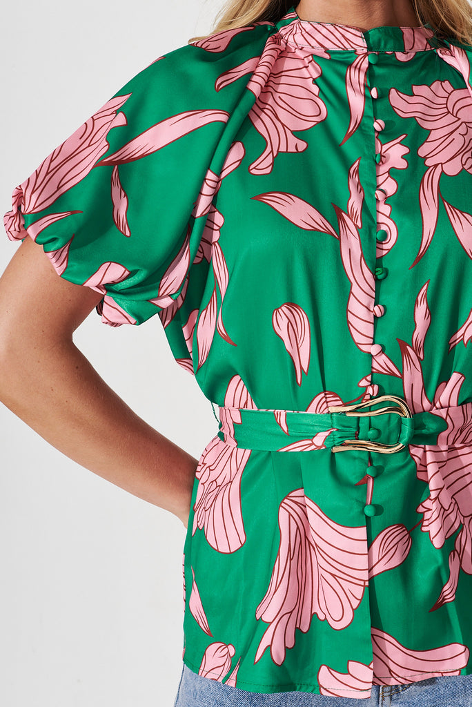 Belgrade Shirt In Green With Pink Floral - detail