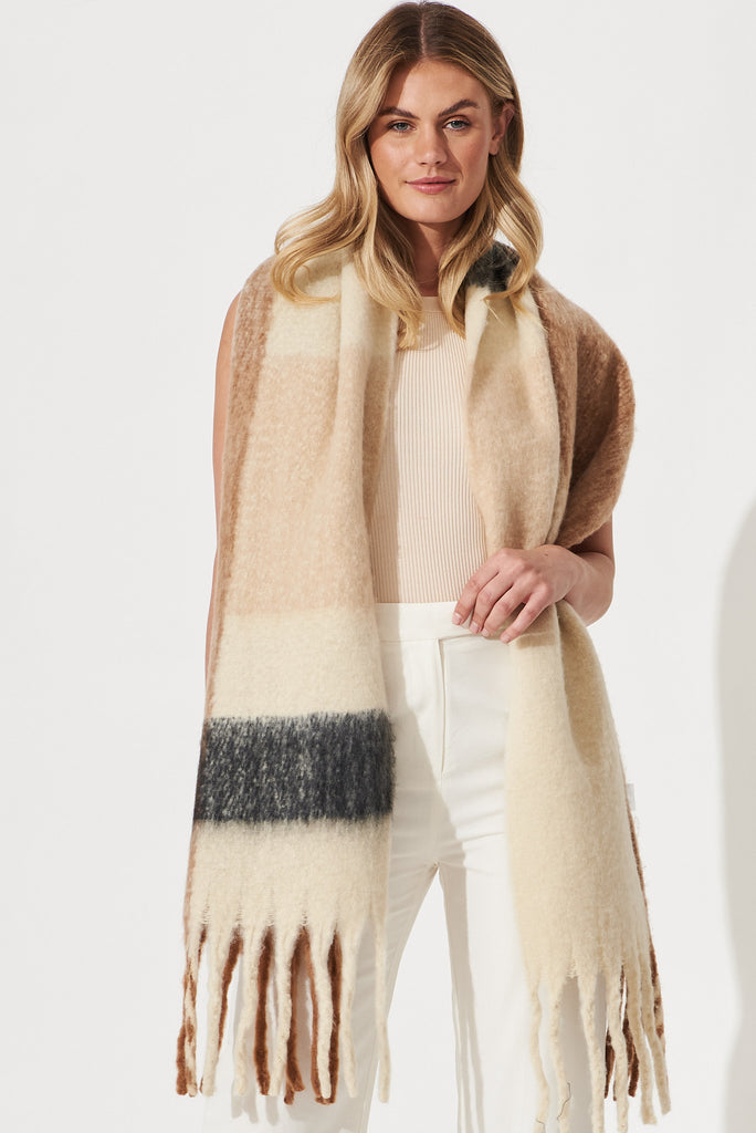August + Delilah Brooklyn Oversized Knit Scarf In Multi Brown Check - front