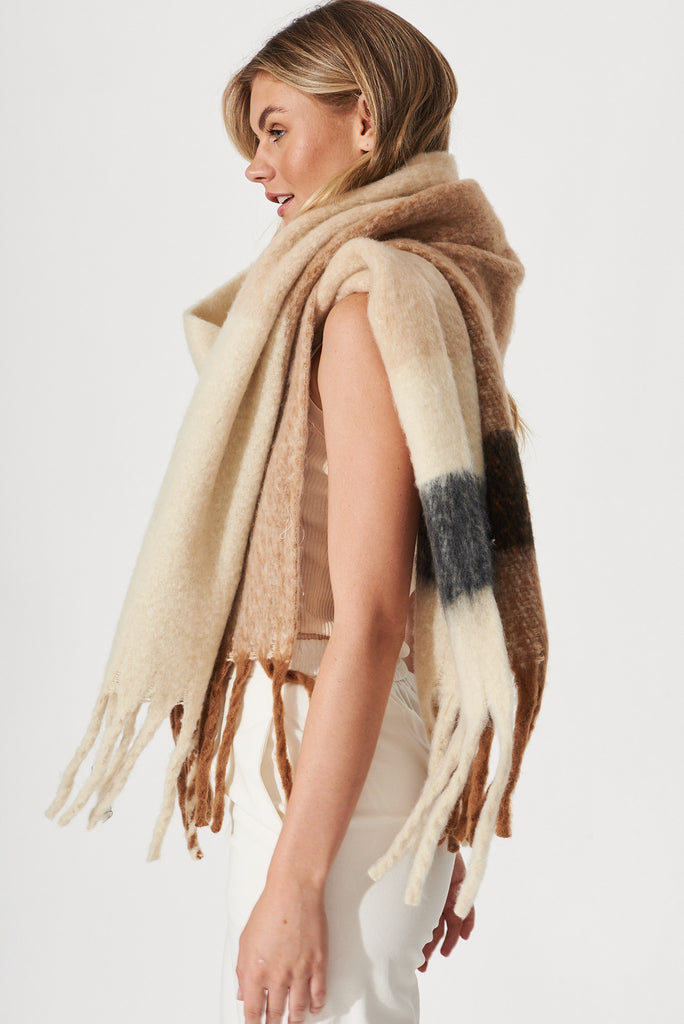 August + Delilah Brooklyn Oversized Knit Scarf In Multi Brown Check - side