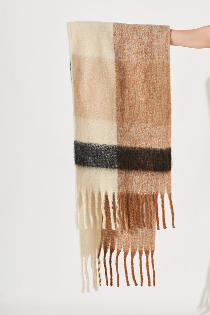 August + Delilah Brooklyn Oversized Knit Scarf In Multi Brown Check - detail