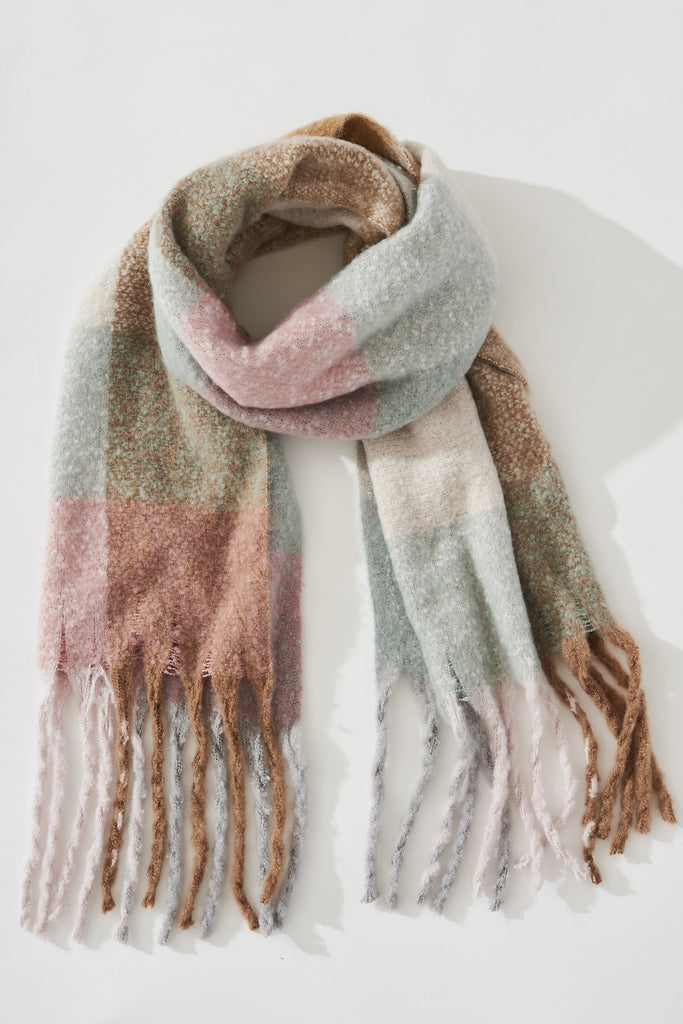 August + Delilah Brooklyn Oversized Knit Scarf In Multi Pastel Check - flatlay