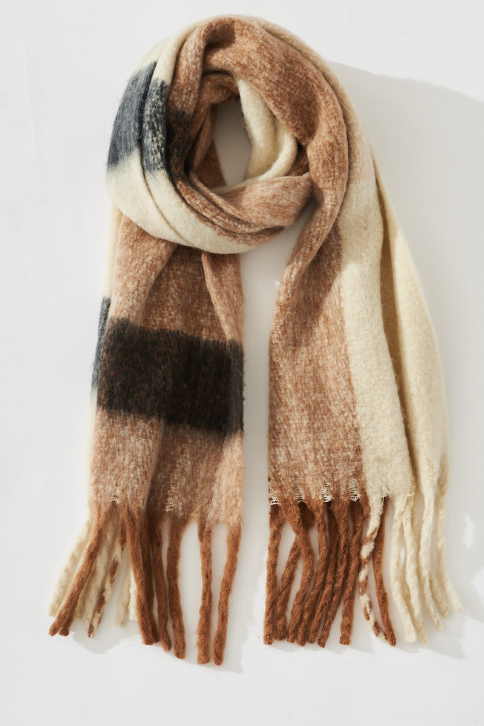 August + Delilah Brooklyn Oversized Knit Scarf In Multi Brown Check - flatlay