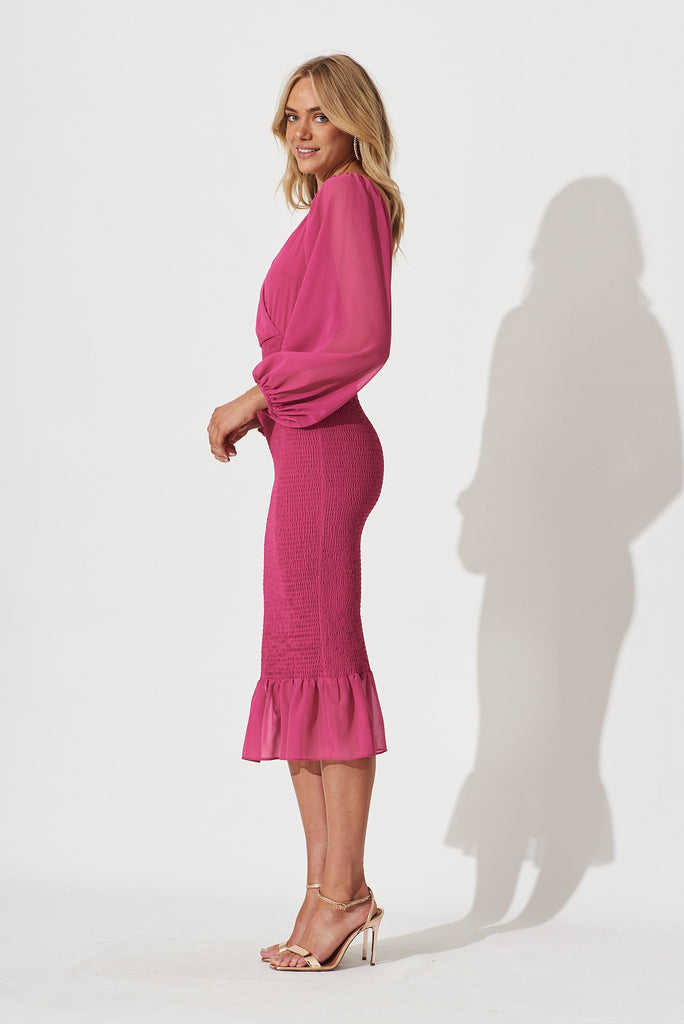 Bernadine Midi Dress In Hot Pink Chiffon - side