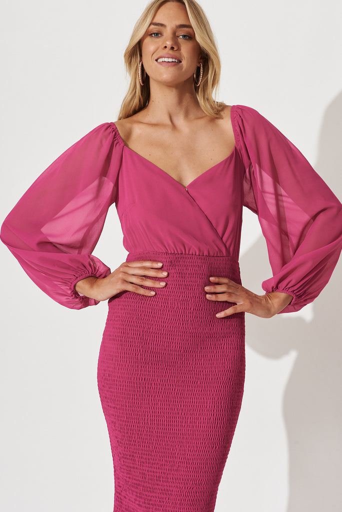 Bernadine Midi Dress In Hot Pink Chiffon - front