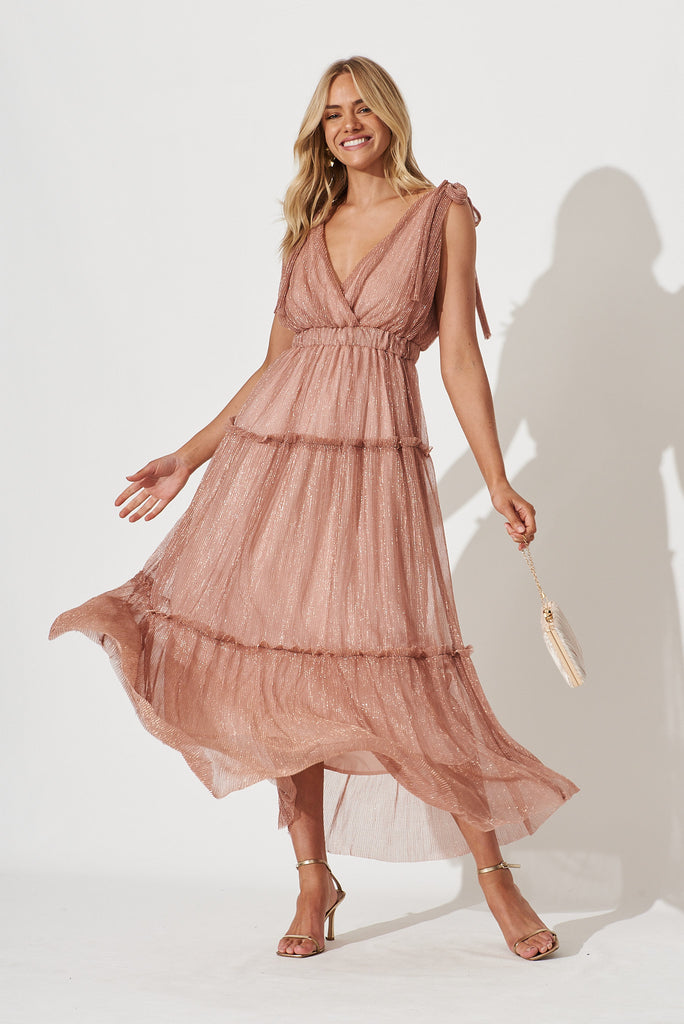 Annetta Maxi Dress In Rose Gold Lurex Chiffon - full length