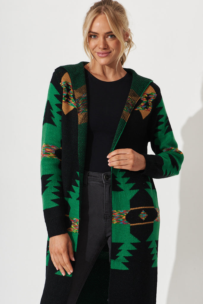 Steffi Boho Knit Cardigan In Green Multi Wool Blend - front