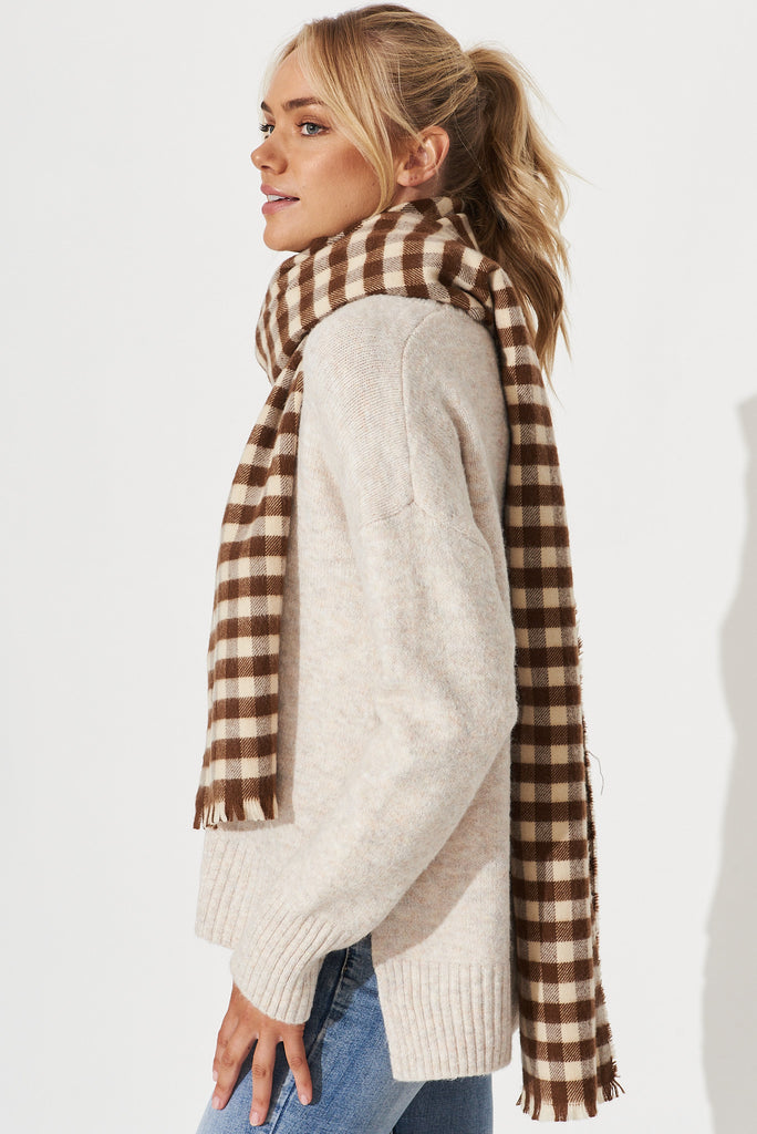 August + Delilah Aubrey Knit Scarf In Chocolate Gingham - side