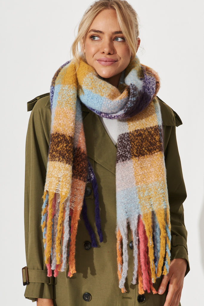 August + Delilah Brooklyn Oversized Knit Scarf In Multi Colour Check - full length