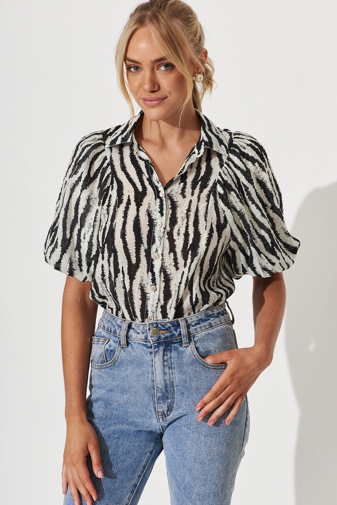 Bluebell Shirt In Black And White Leopard Print - front