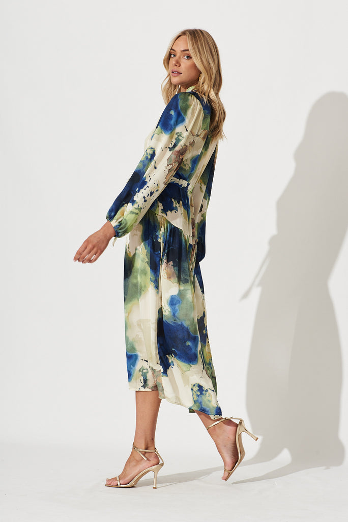 Pippa Maxi Dress In Green With Navy Print Chiffon - side