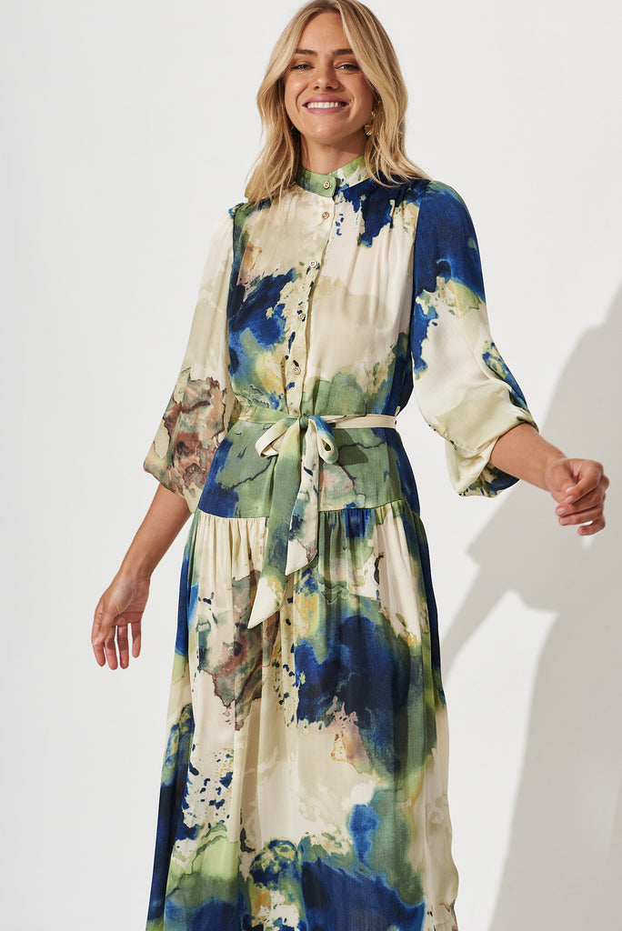 Pippa Maxi Dress In Green With Navy Print Chiffon - front