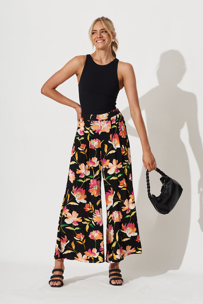 Ellia Pants In Black With Apricot Floral - full length