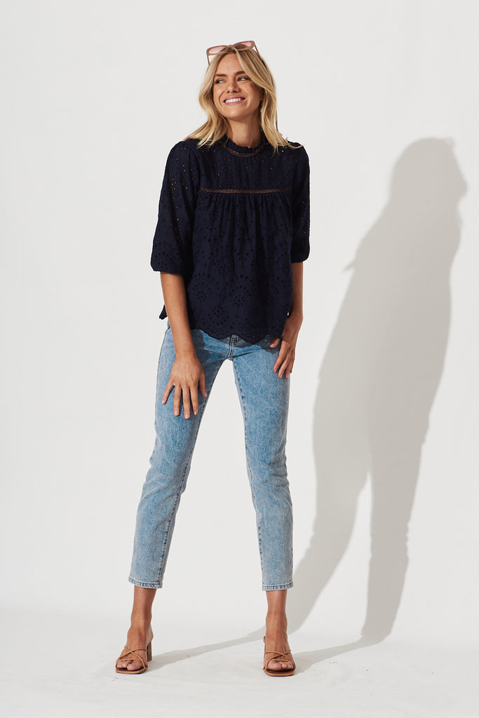 Donia Top In Navy Embroidery - full length
