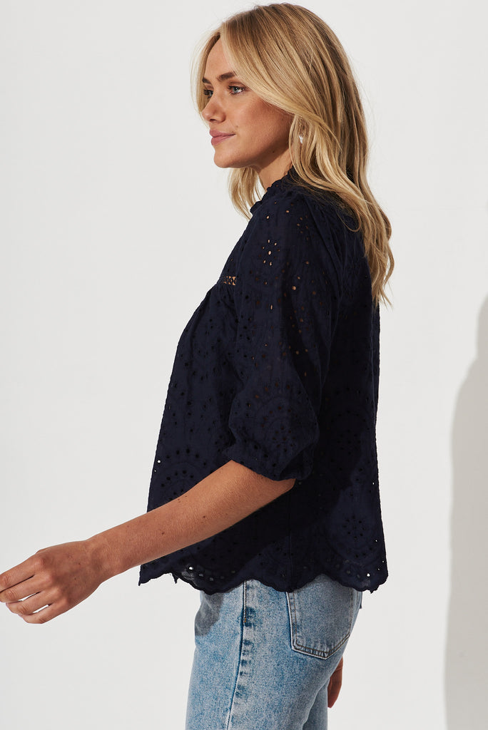 Donia Top In Navy Embroidery - side