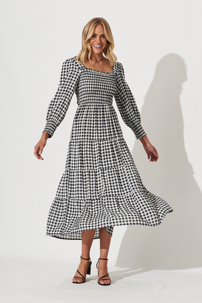 Athens Maxi Dress In White With Black Gingham Check - full length