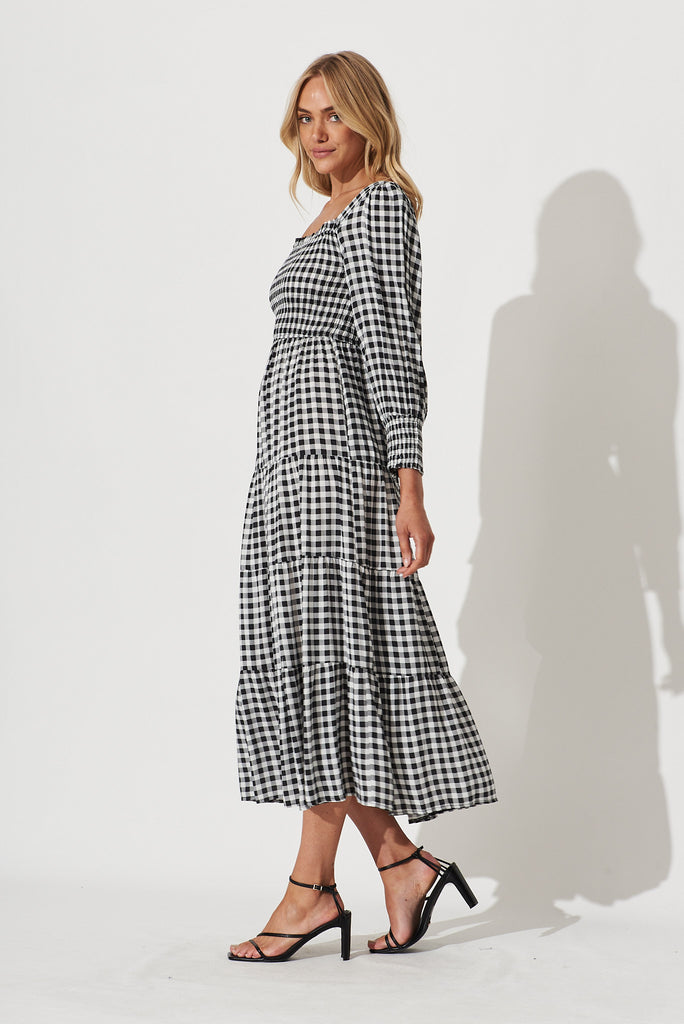 Athens Maxi Dress In White With Black Gingham Check - side