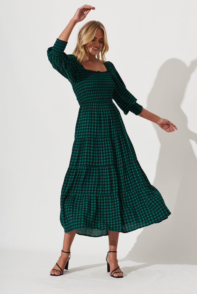 Athens Maxi Dress In Green With Black Gingham Check - full length