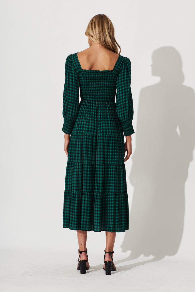 Athens Maxi Dress In Green With Black Gingham Check - back