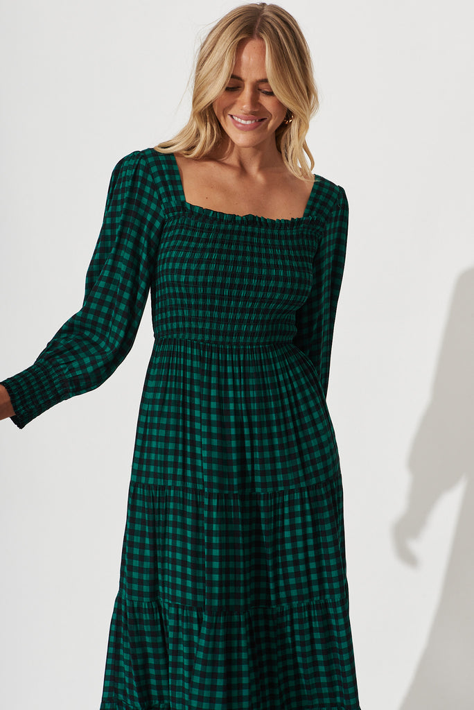 Athens Maxi Dress In Green With Black Gingham Check - front
