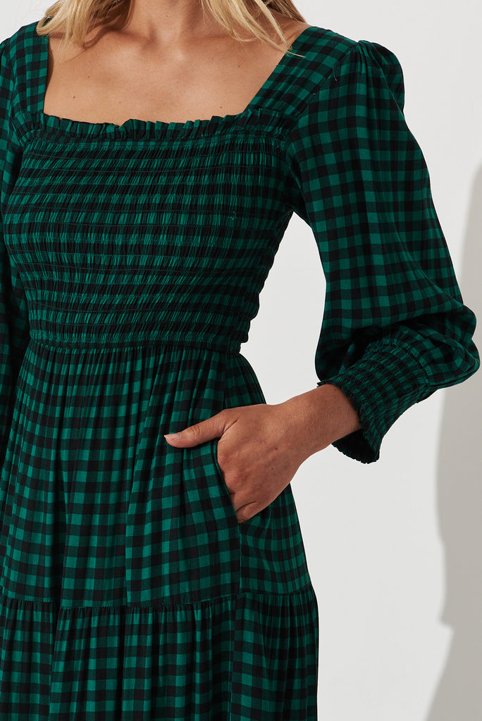 Athens Maxi Dress In Green With Black Gingham Check - detail