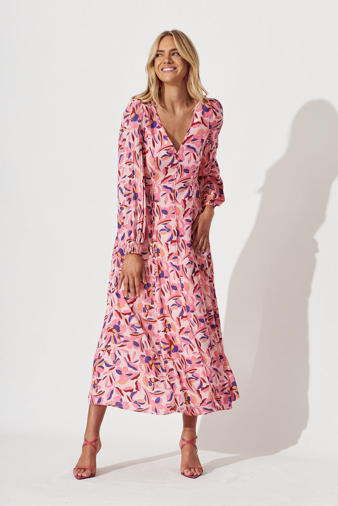 Nigella Maxi Dress In Pink With Navy Floral - full length