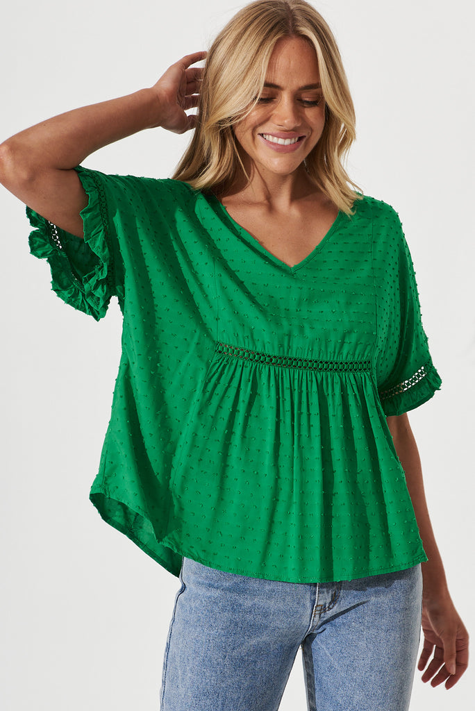 Delilah Top In Green Swiss Dot - front
