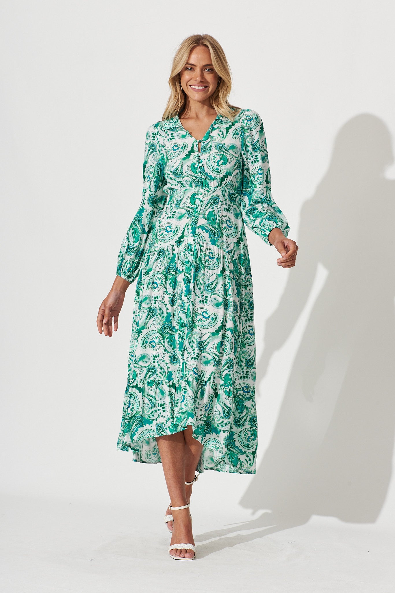 Starly Midi Shirt Dress In Blue With White Floral - full length