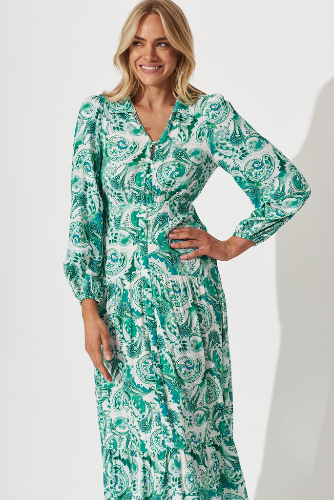 Starly Midi Shirt Dress In Blue With White Floral - front