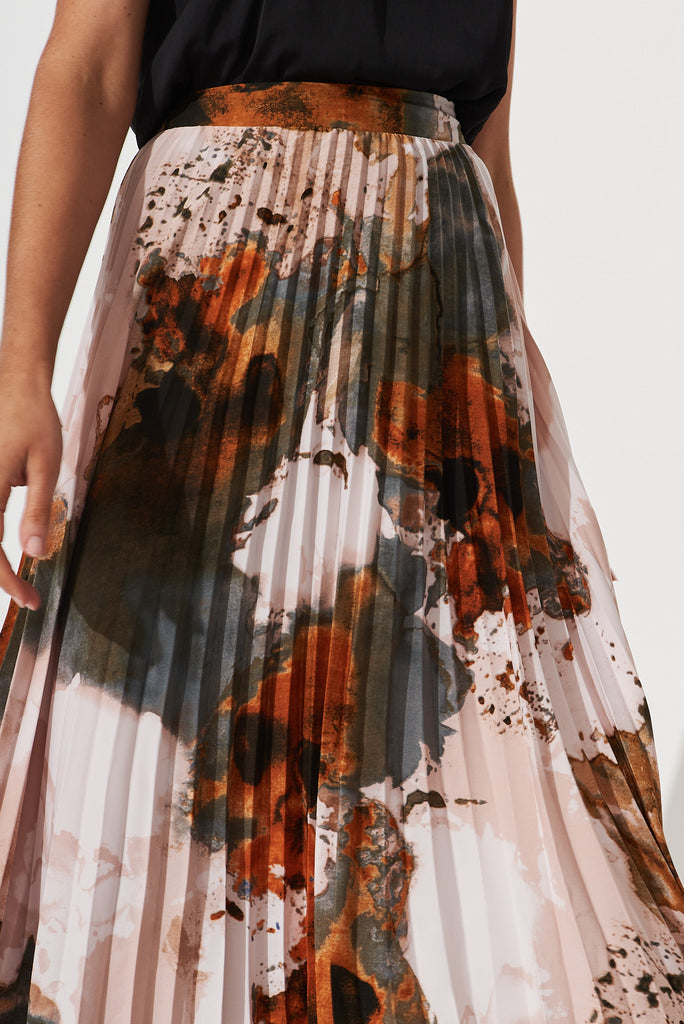 Allison Midi Pleat Skirt In Grey With Rust Print - detail
