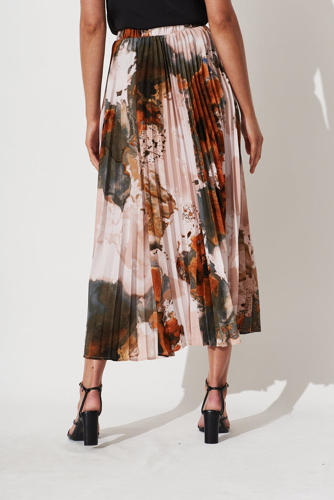 Allison Midi Pleat Skirt In Grey With Rust Print - back
