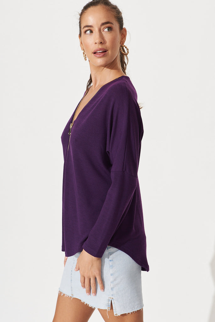 Cova Zip Front Knit Top In Purple - side