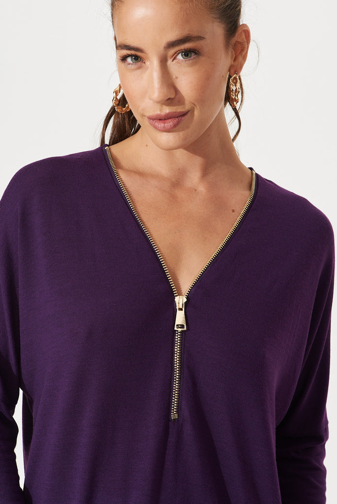 Cova Zip Front Knit Top In Purple - detail