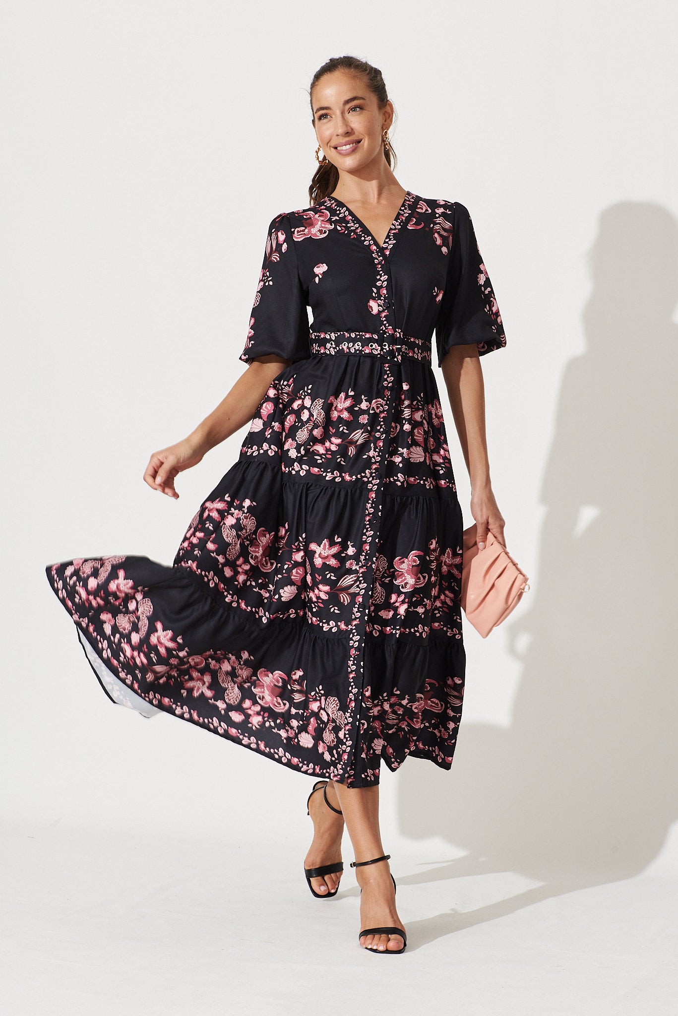Piper Midi Dress In Black With Blush Floral - full length