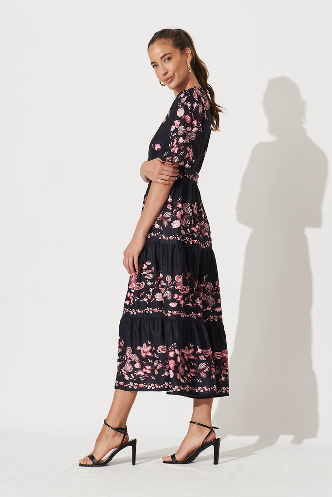 Piper Midi Dress In Black With Blush Floral - side