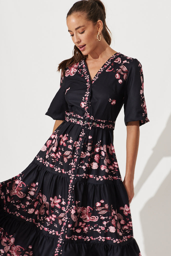 Piper Midi Dress In Black With Blush Floral - front