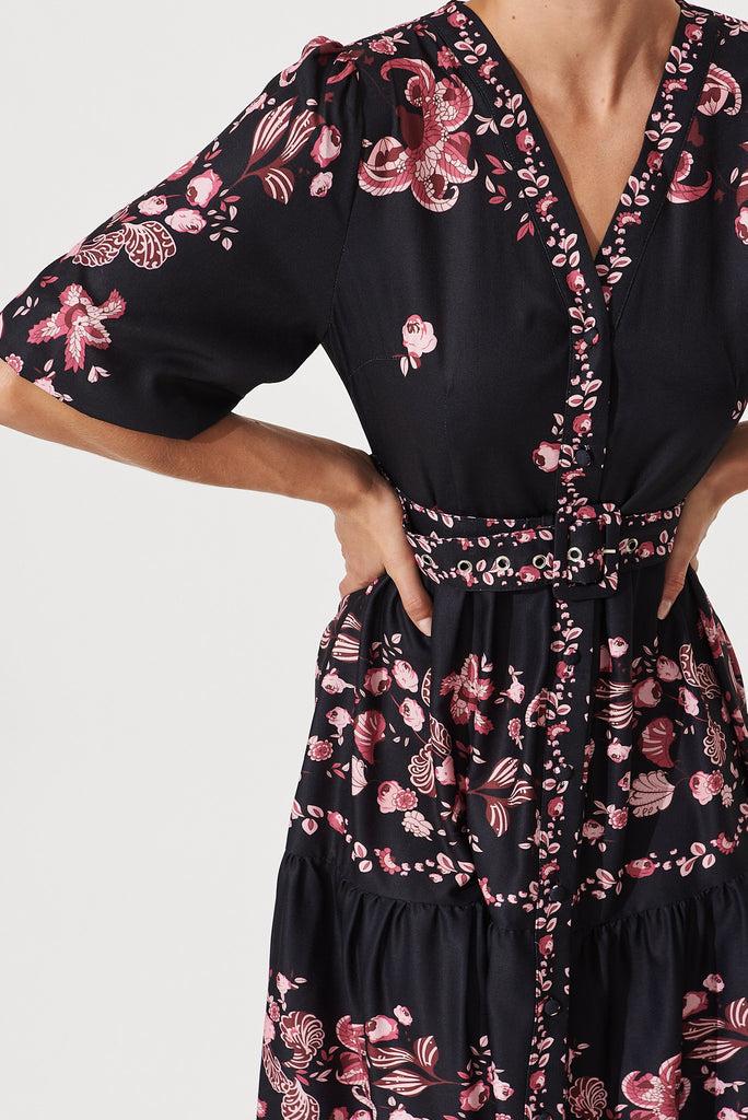 Piper Midi Dress In Black With Blush Floral - detail